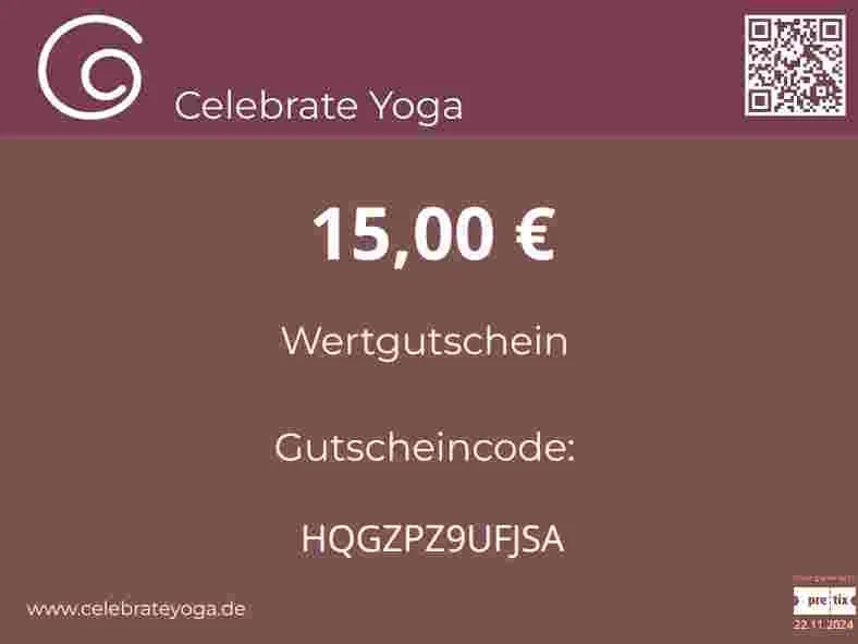 Gedruckter Celebrate-Yoga-Gutschein auf hellem Untergrund